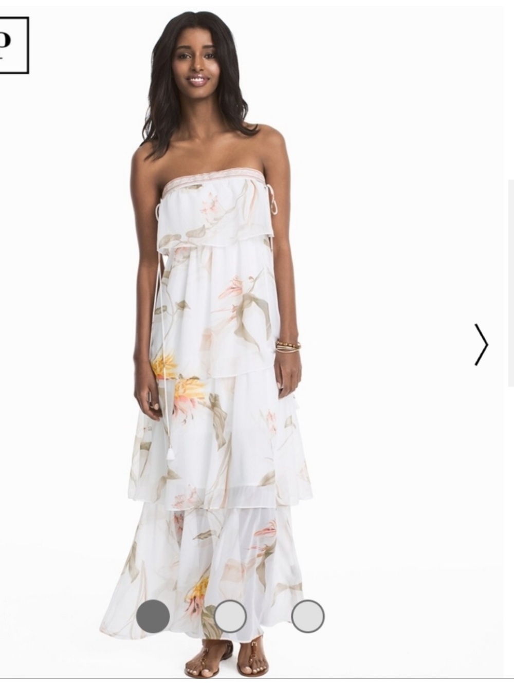 WHBM strapless tiered chiffon maxi dress in ecru/flower print, size S